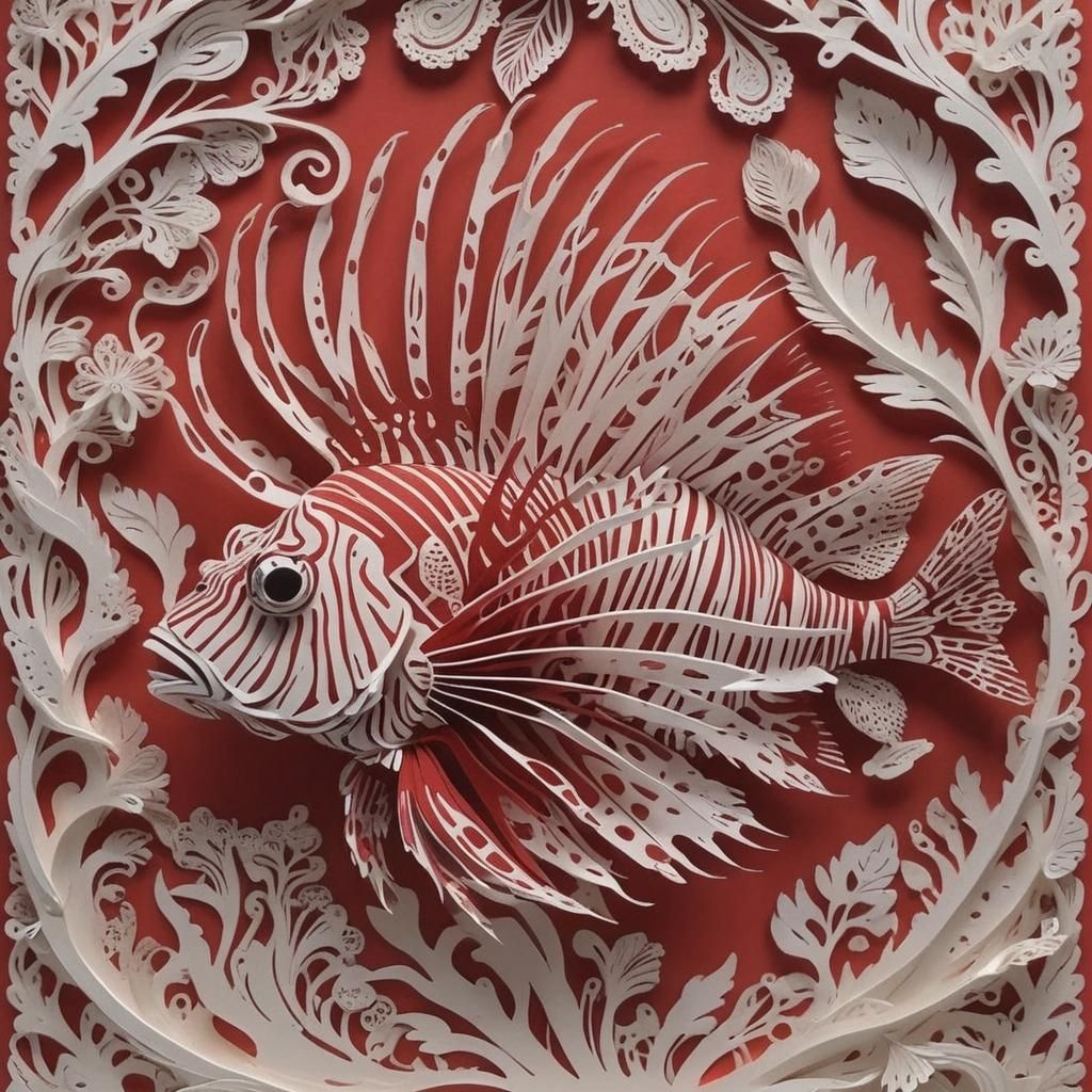 Intricate 3D Paper Art Lionfish in Red and White