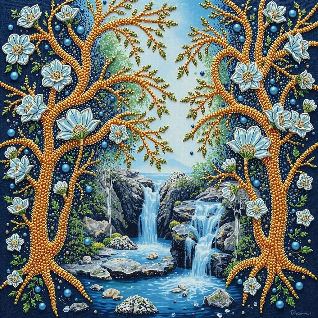 Ornate Beaded Waterfall Scene in Luxurious Style