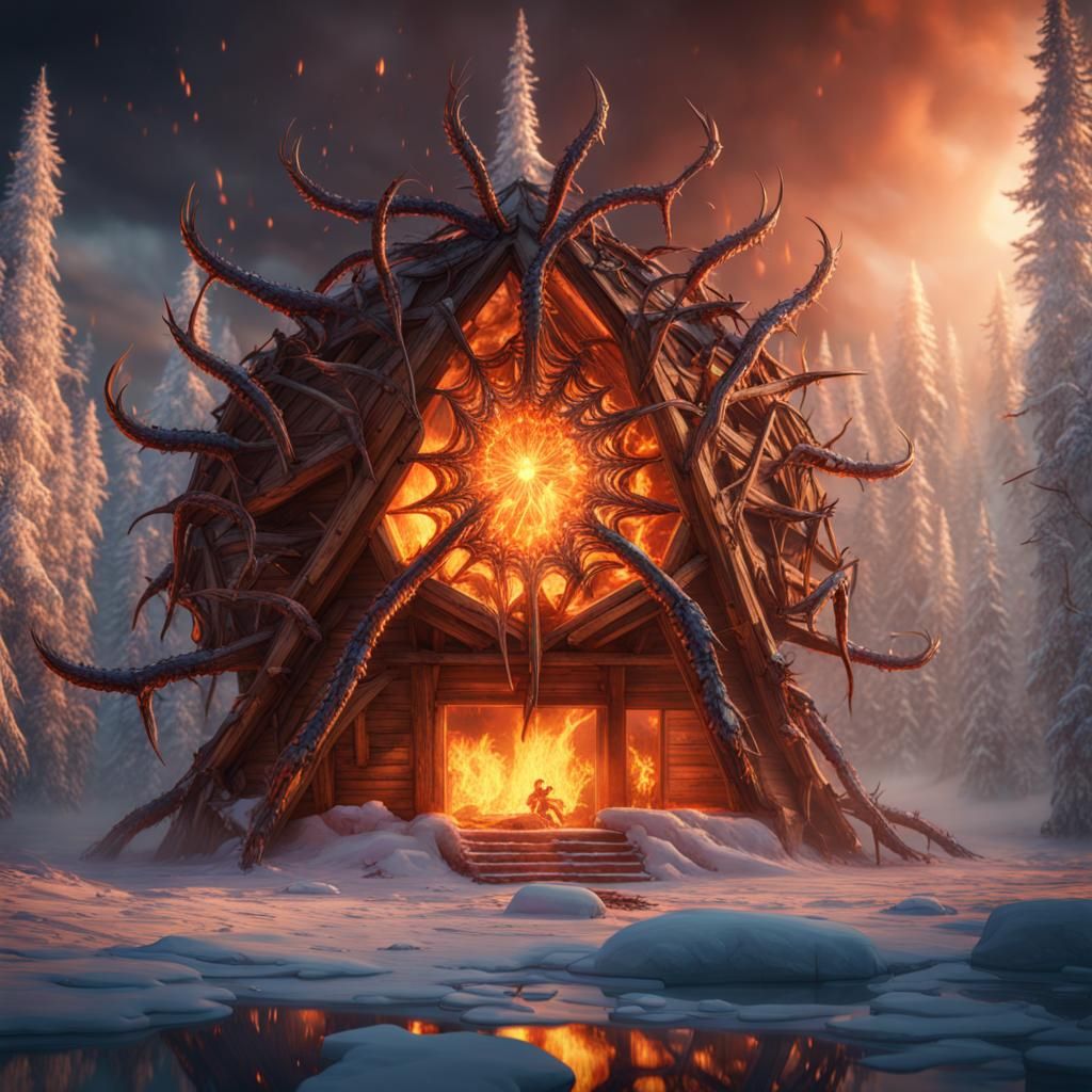 Giant Ice Spider Over Burning A-Frame