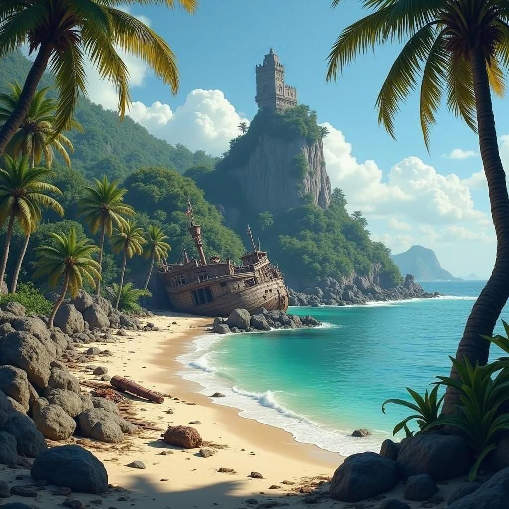 Tropical Island Shipwreck in Fantasy Art Style