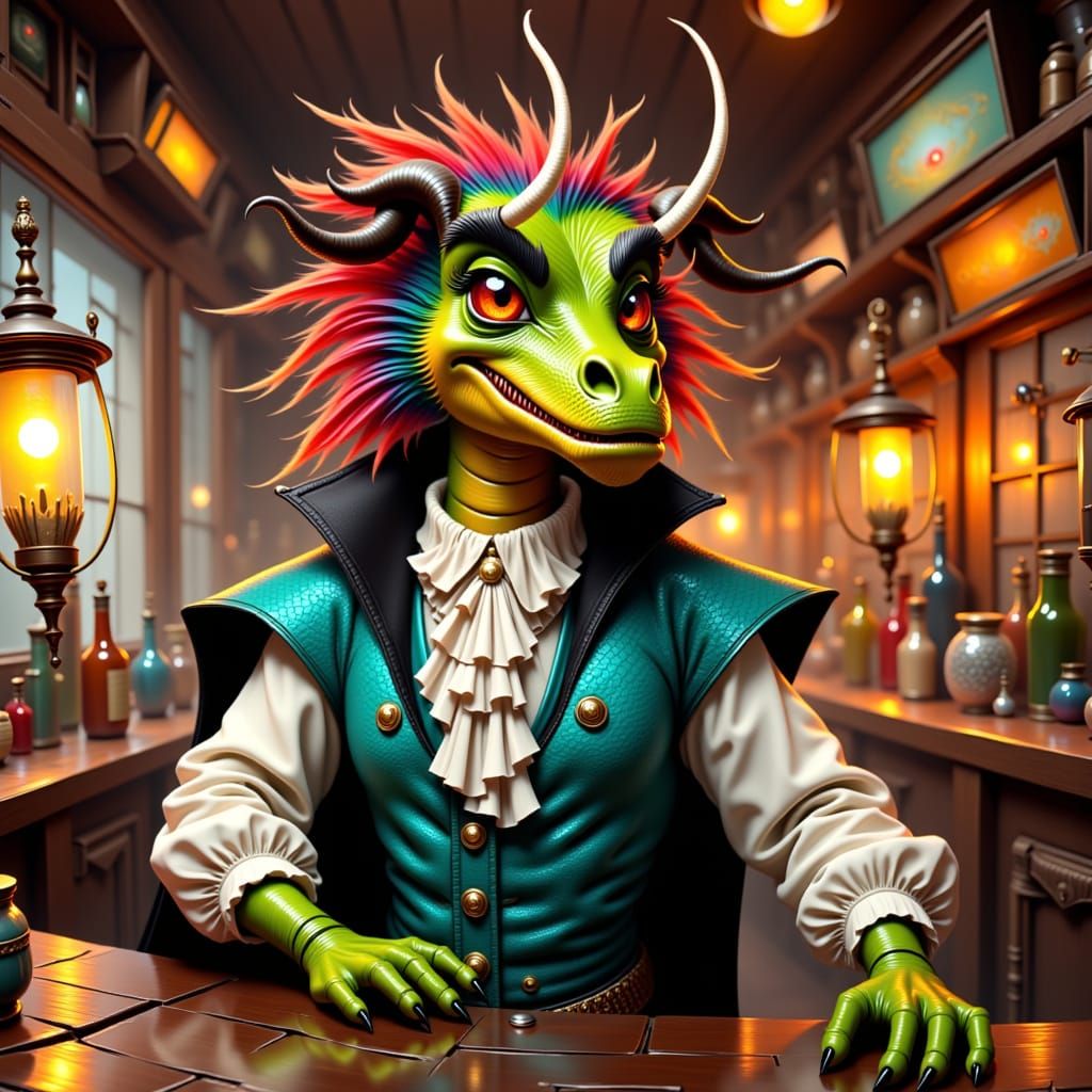 Dragon Cowboy in Saloon with Folk-Art Flair