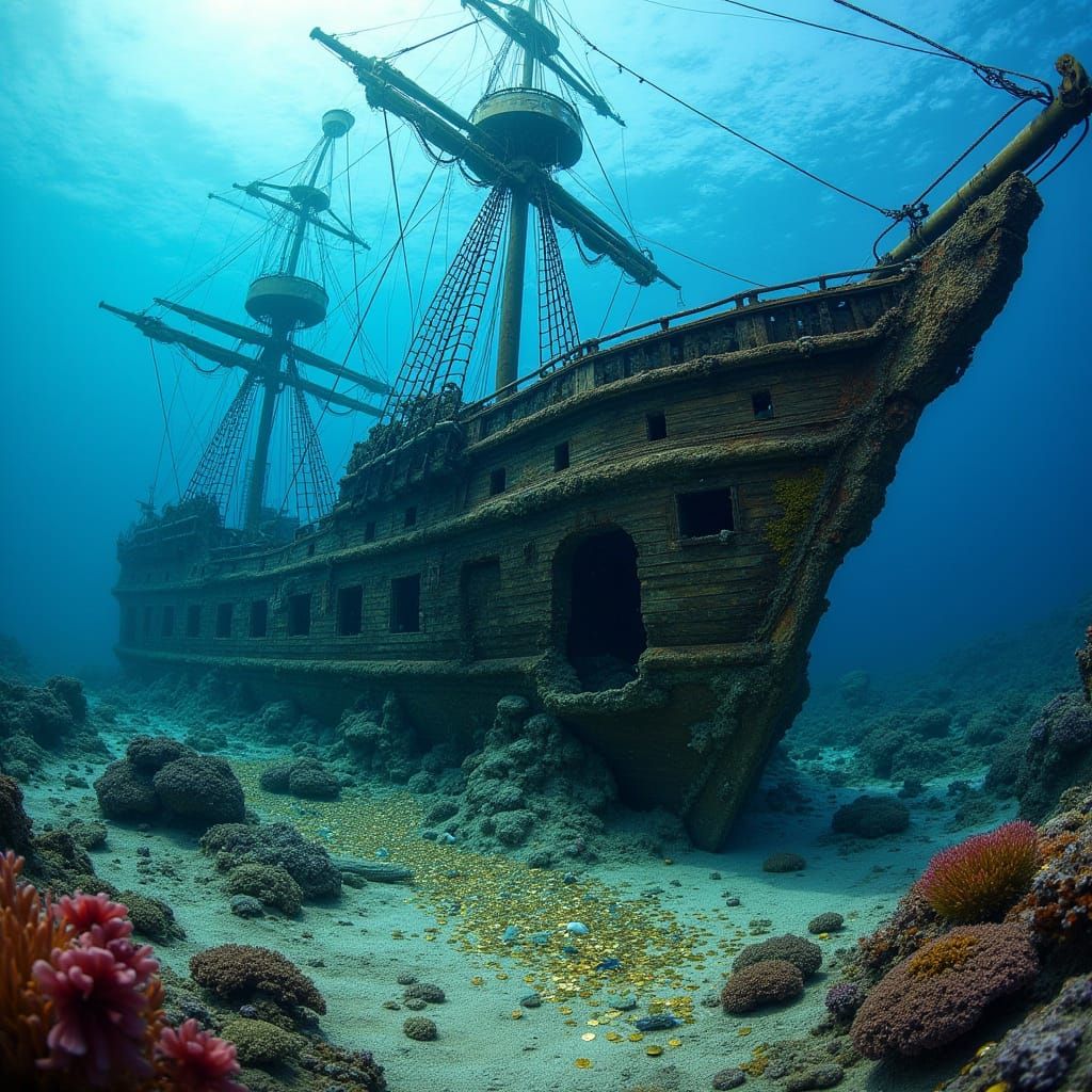 Majestic Sailing Ship Wreck on Vibrant Coral Reef