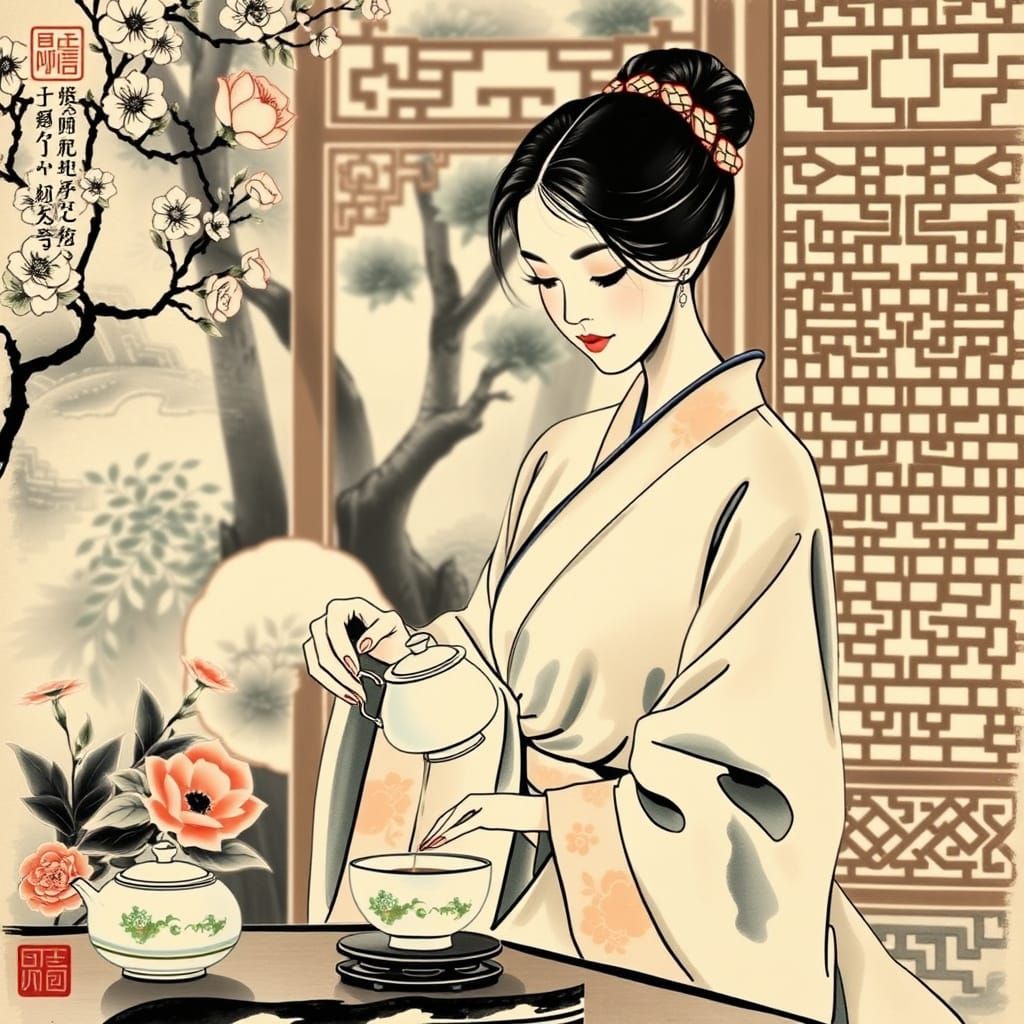 Elegant Woman Pouring Tea: Chinese Ink Wash Style