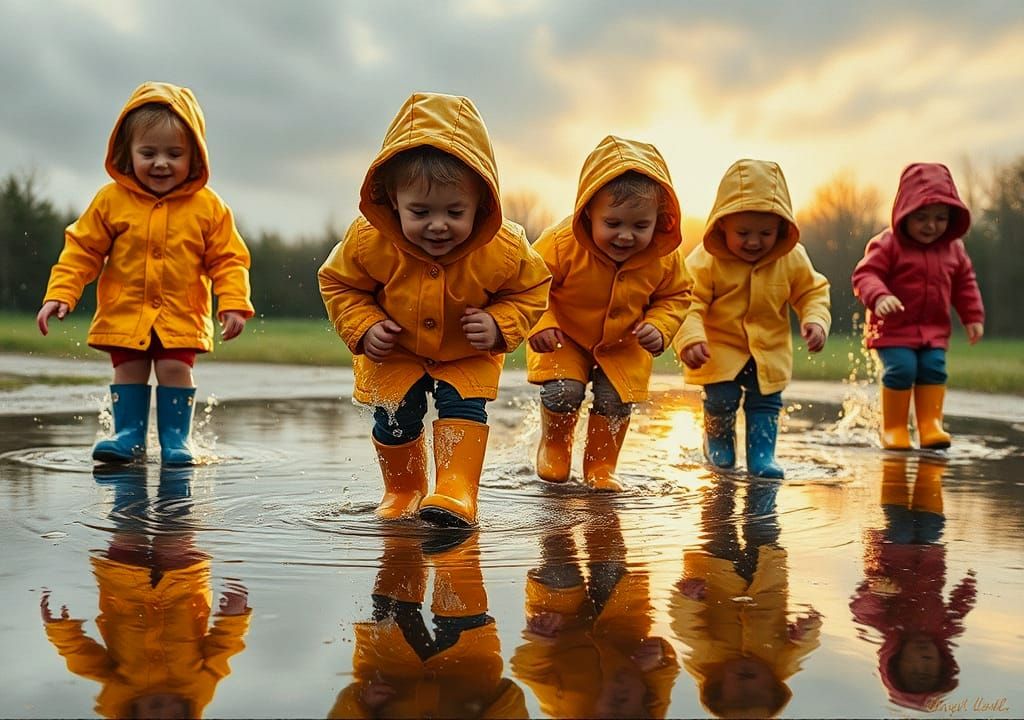 Children Playing in Rain: Impressionistic Oil Painting