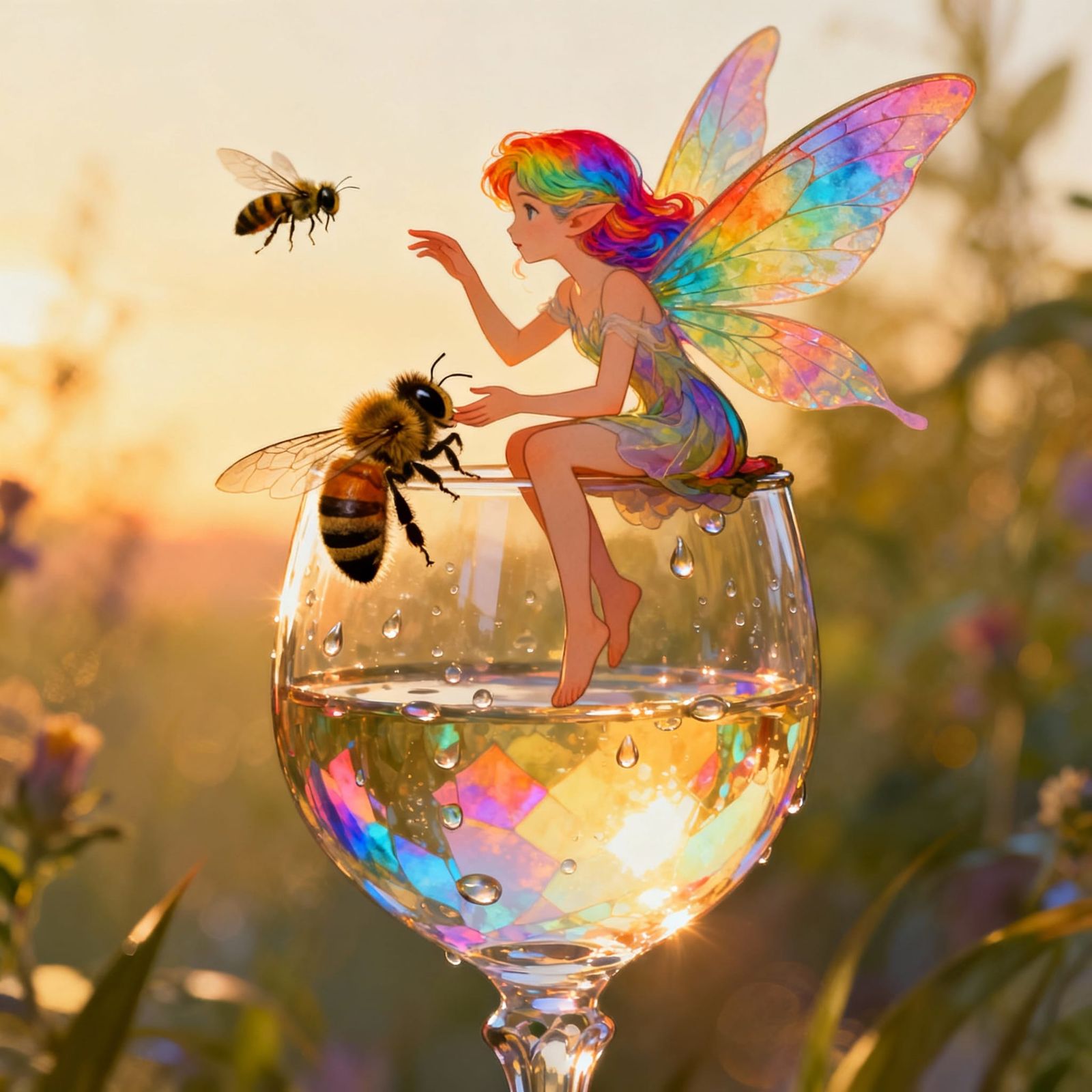 Rainbow-Haired Pixie on Wineglass, Shooing Fly, Golden Hour