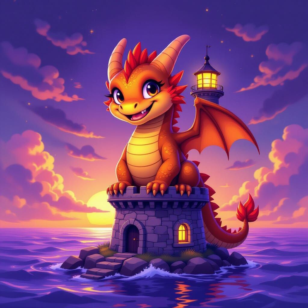 Cute Dragon on Lighthouse in Purple Ocean, Alcohol Ink Style