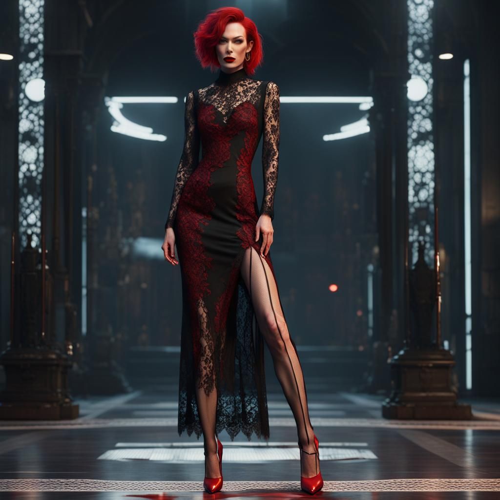 Cyberpunk Girl in Red Lace Dress, Unreal Engine 5