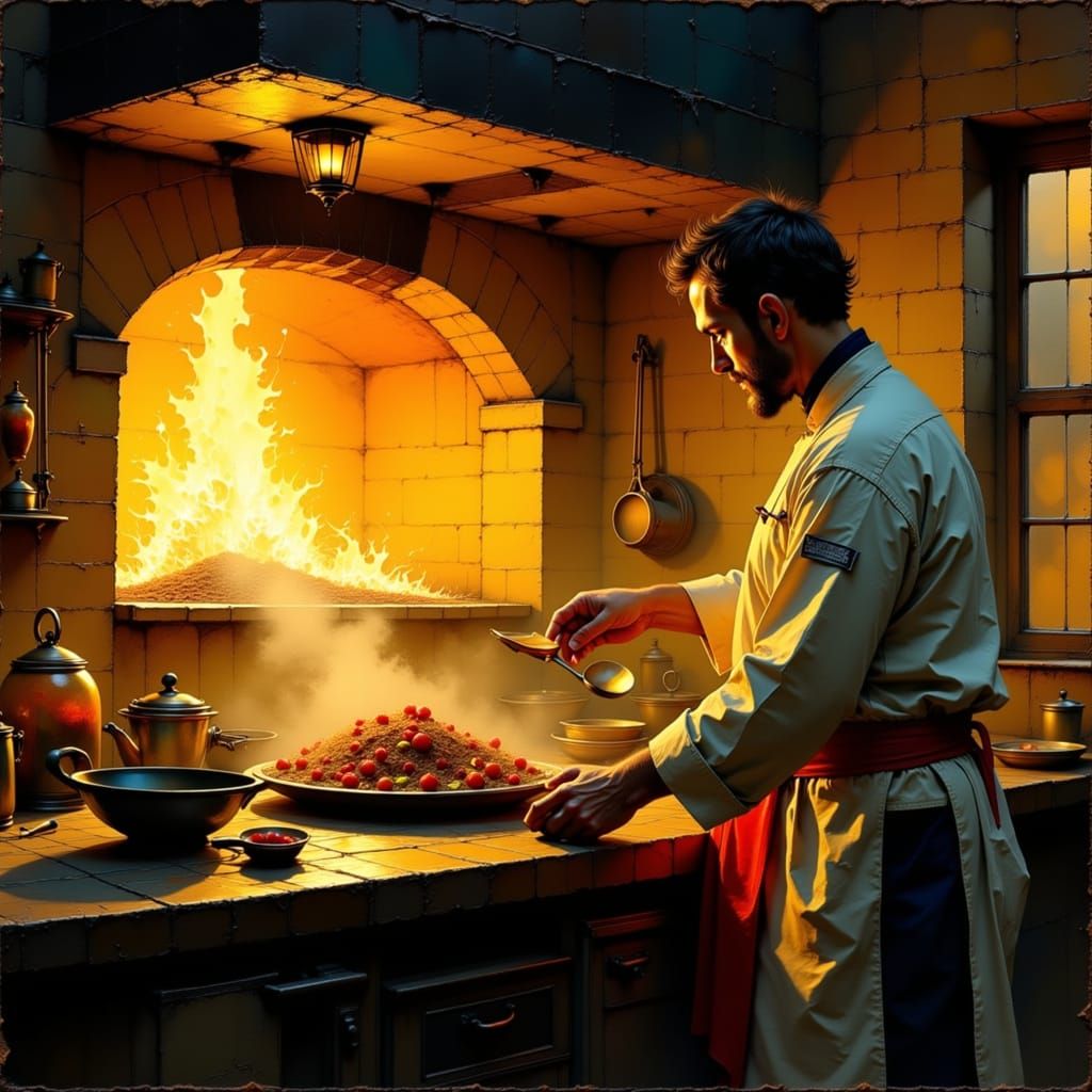 Chef Silhouetted by Fiery Hearth in Painterly Realism