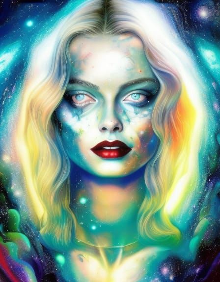 Ethereal Woman with Galaxy Hair, Hyperrealistic Fantasy Art