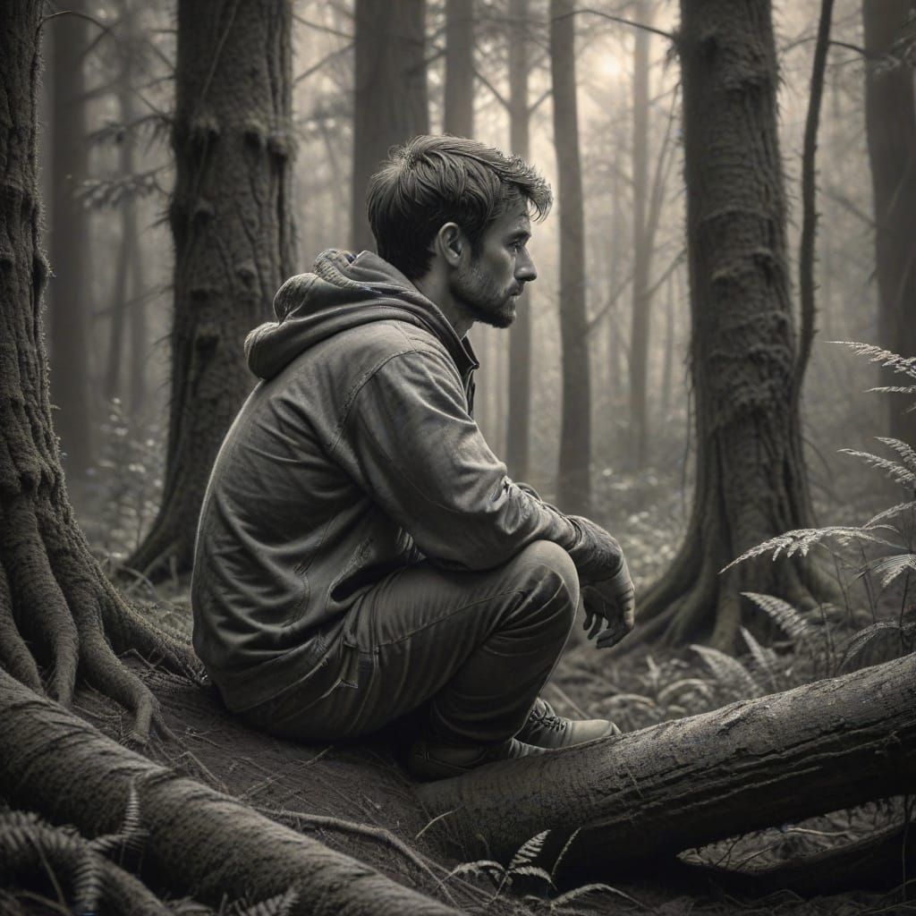 Contemplative Solitude: Person in Serene Forest, Charcoal Dr...