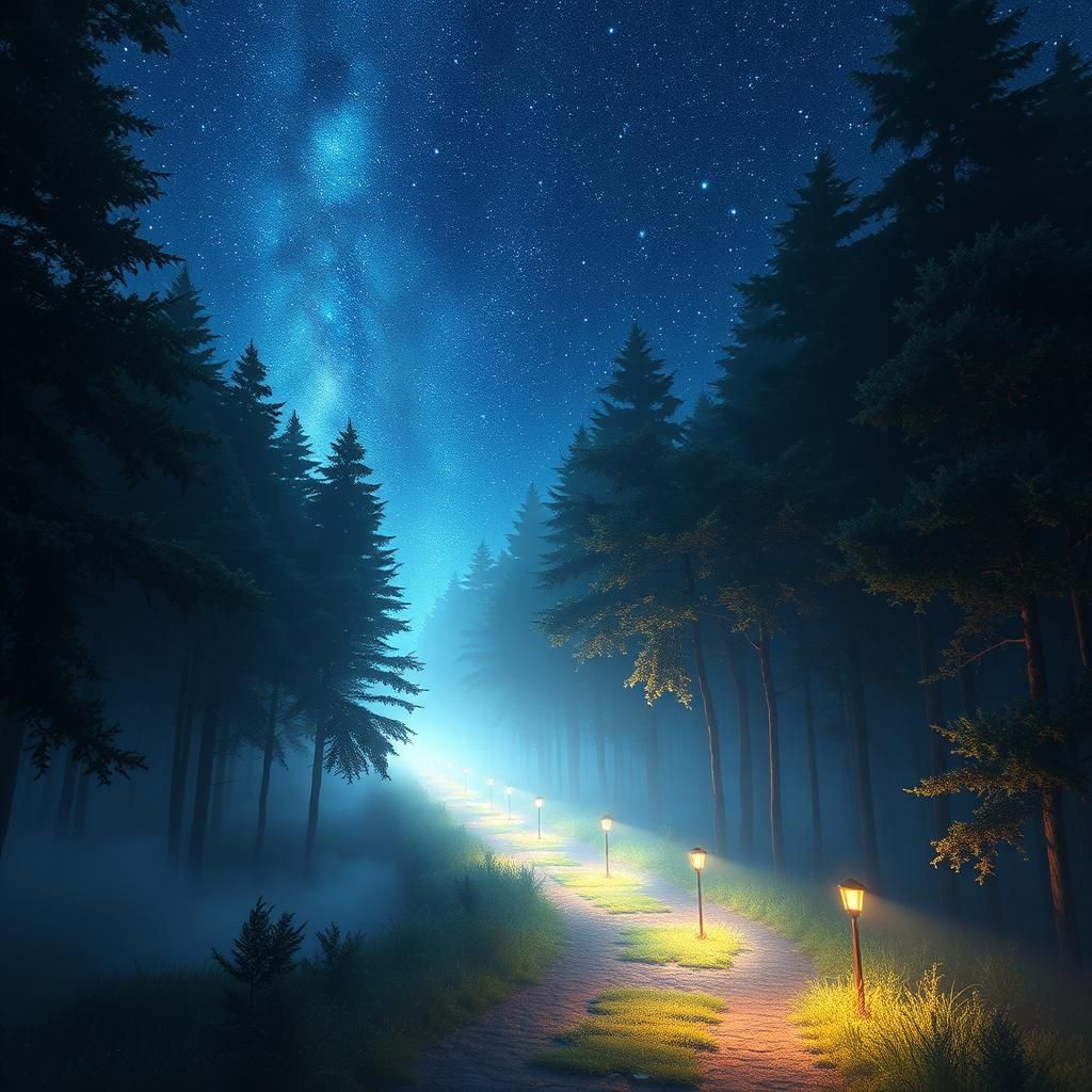 Magical Pathway Through Forest to Starry Night Sky