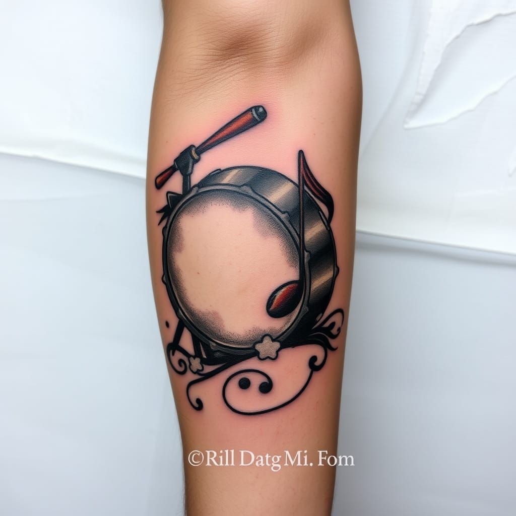 Vintage Tattoo of Drum and Musical Note on Arm