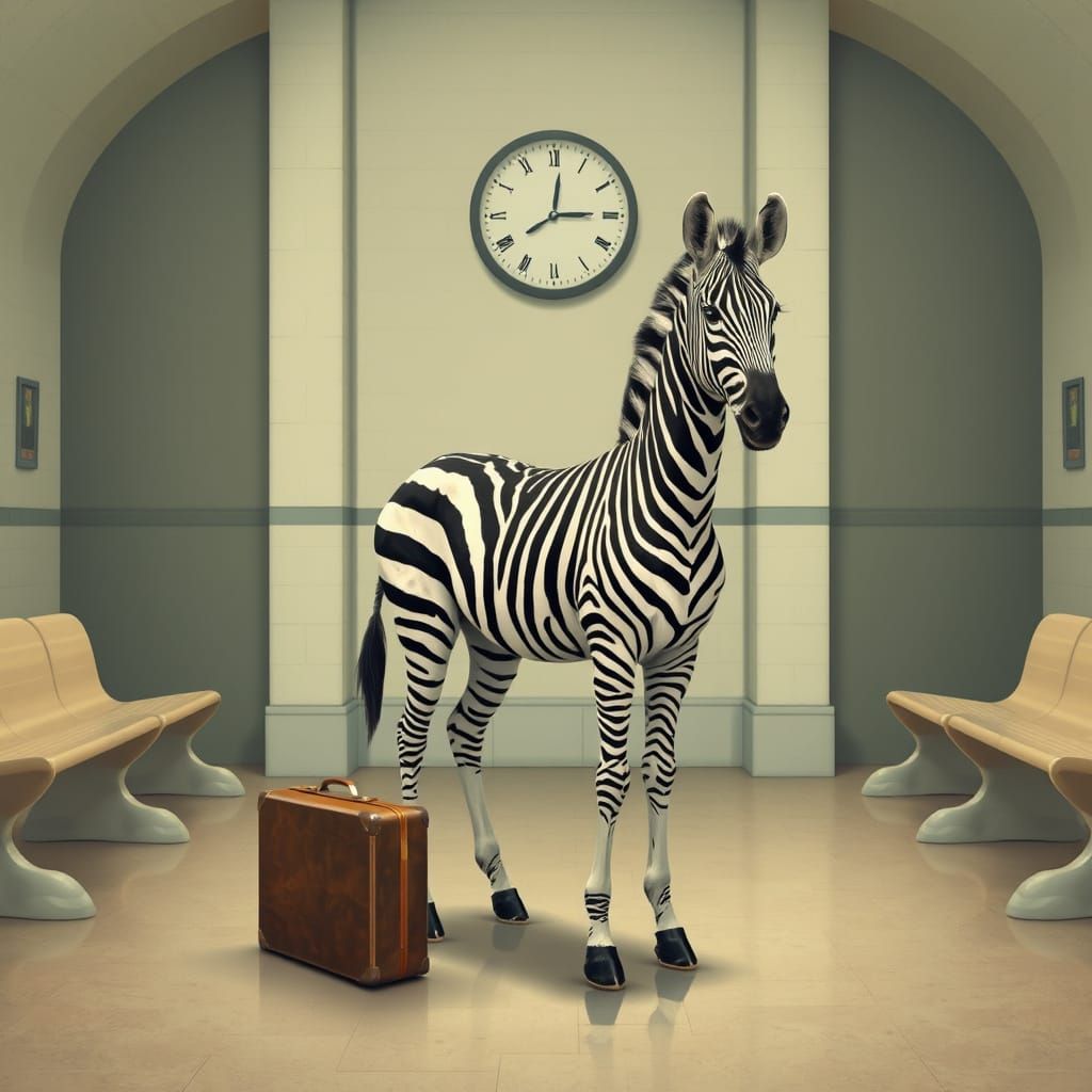 Surreal Zebra in Empty Train Station Waiting Room