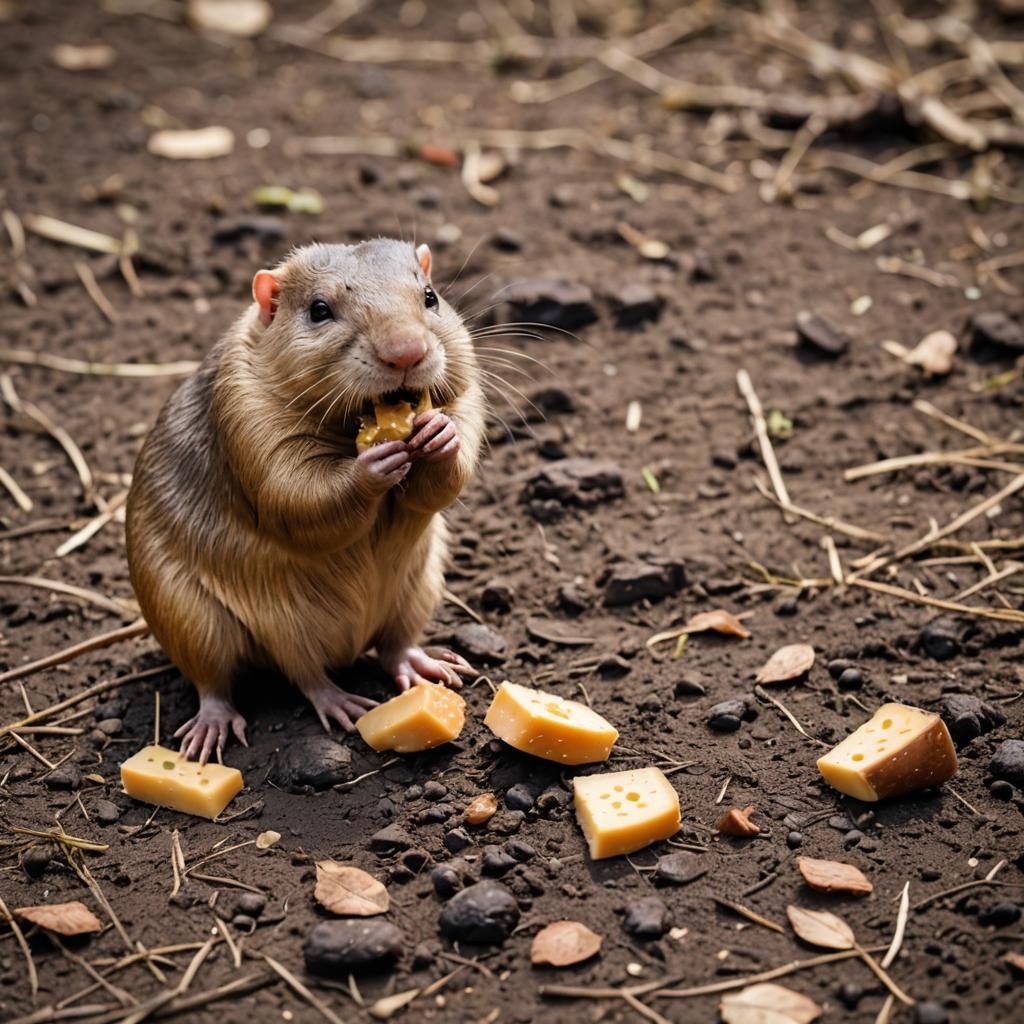 Adorable Mole Rat Eating Cheese in Sharp Focus