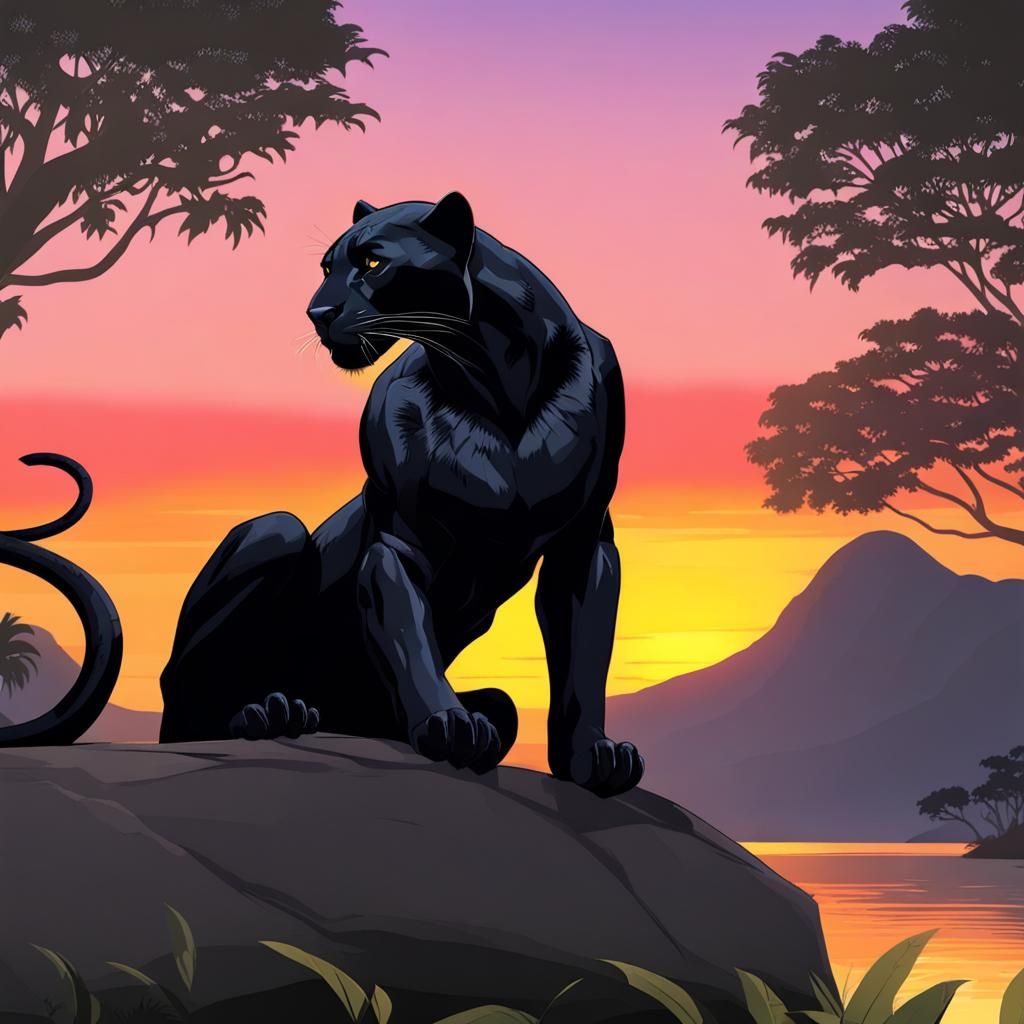 Black Panther Silhouetted Against a Fiery Sunset