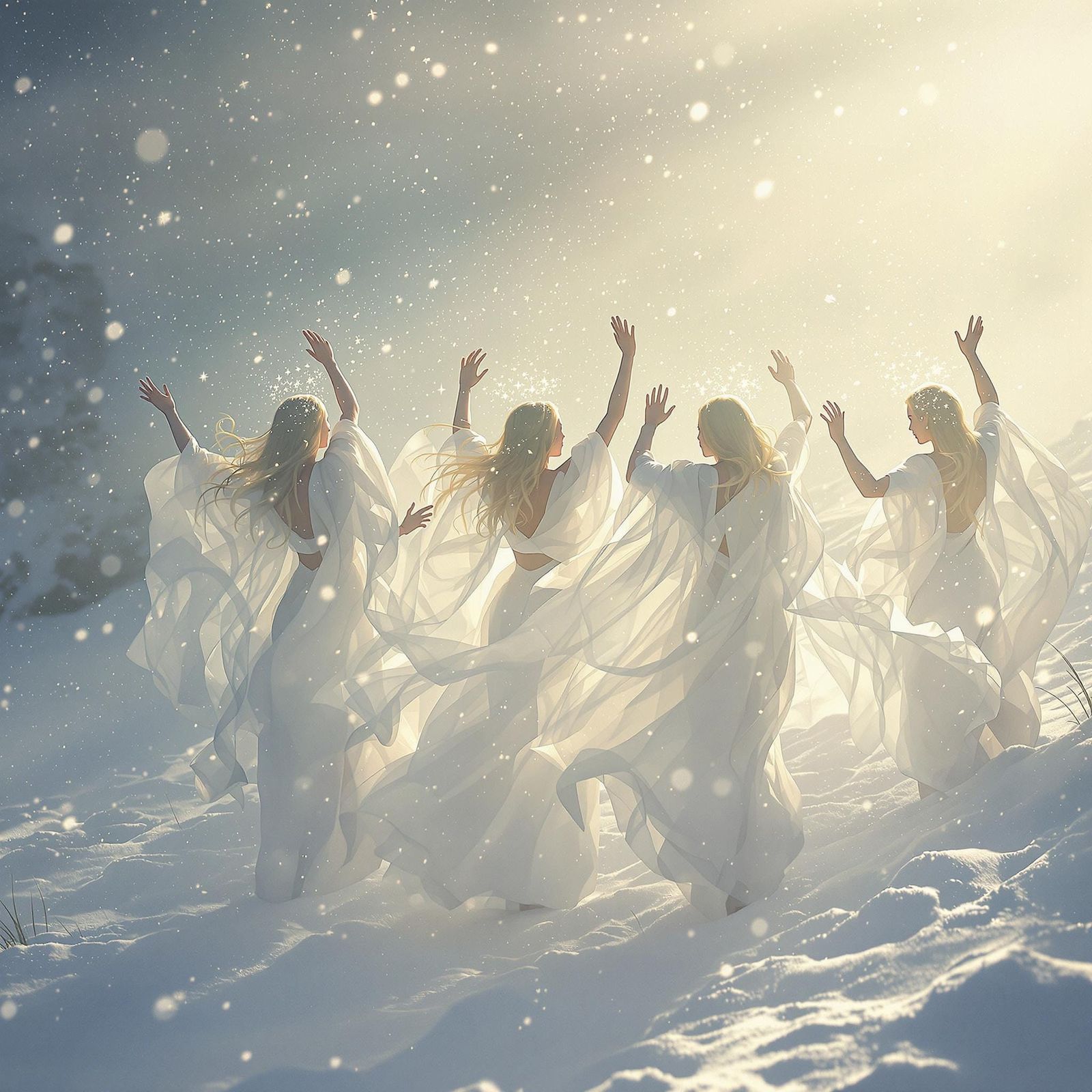 Surreal Winter Spirits Dance Under Snowy Solstice Skies