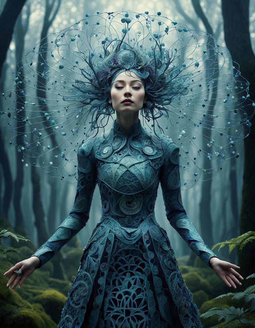 Regal Woman in Mystical Forest, Surreal Bio Art
