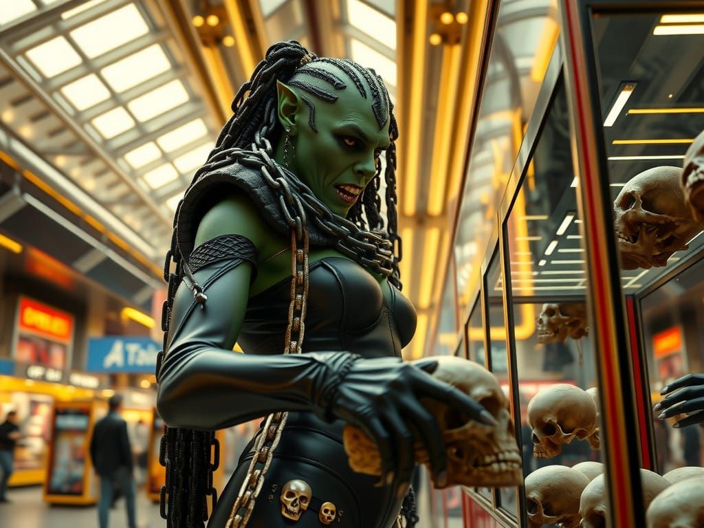 Cyberpunk Orc Woman Plays Claw Machine in Futuristic Shoppin...