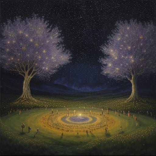 Ethereal Beings Harvest Falling Stars in Celestial Orchard