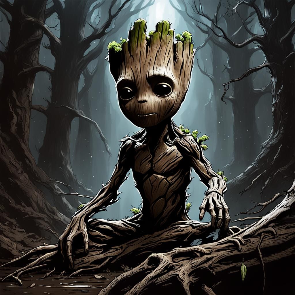 Horror Movie Baby Groot: Dark Fantasy Concept Art