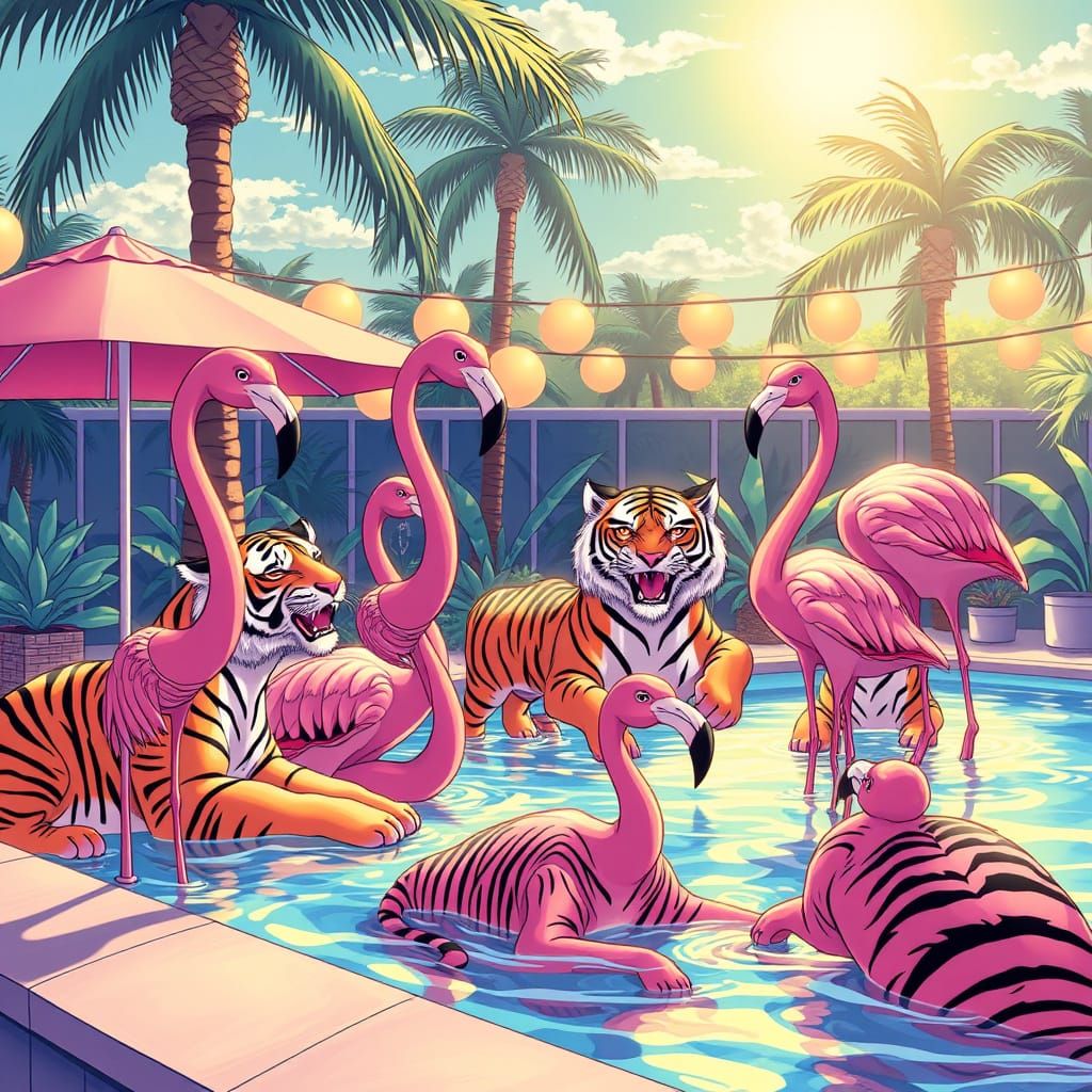 Flamingos and Tigers at a Neon 80s Pool Party