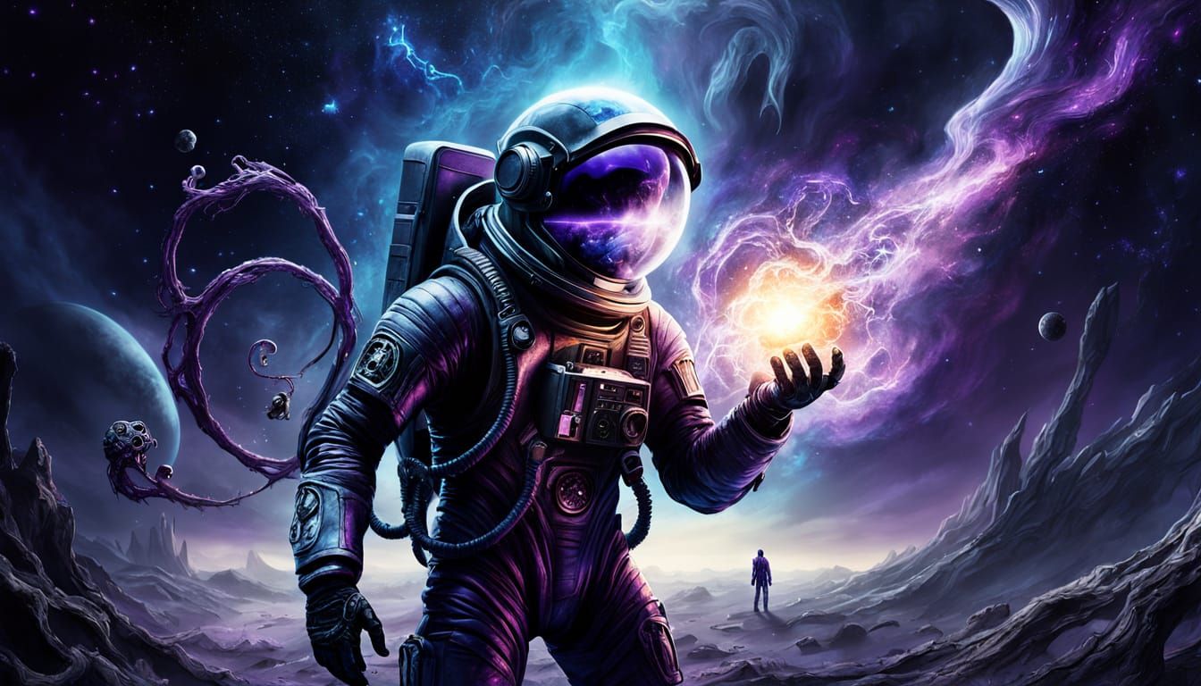Astronaut Adrift in Nebula with Glowing Artifact
