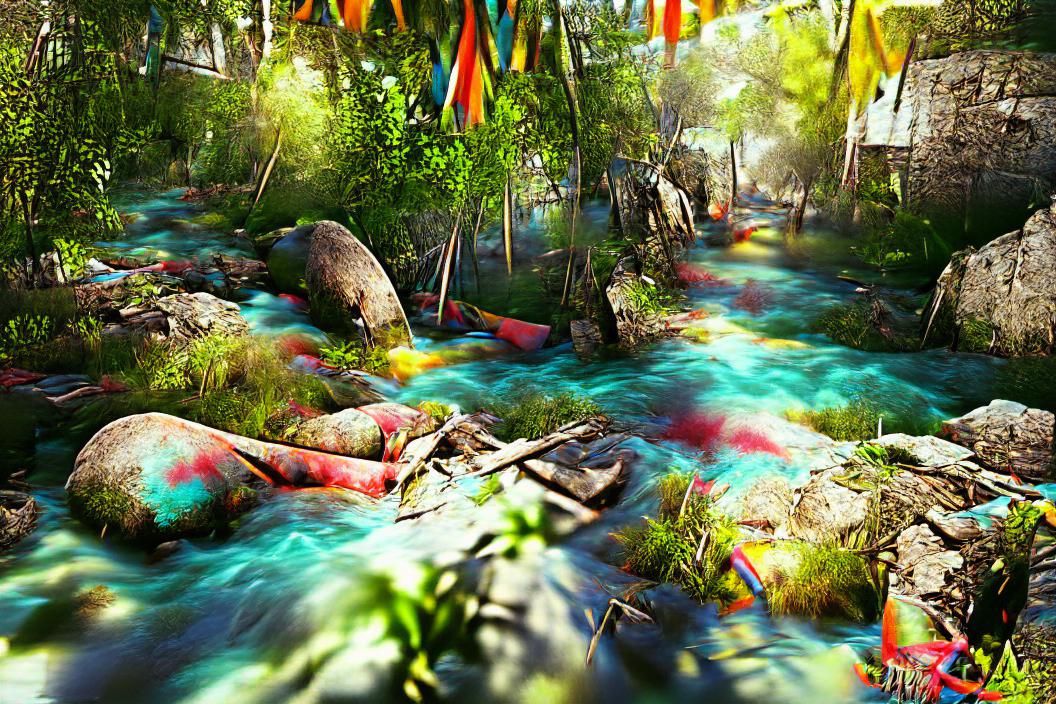 Colorful River Scene in Maximalist Style