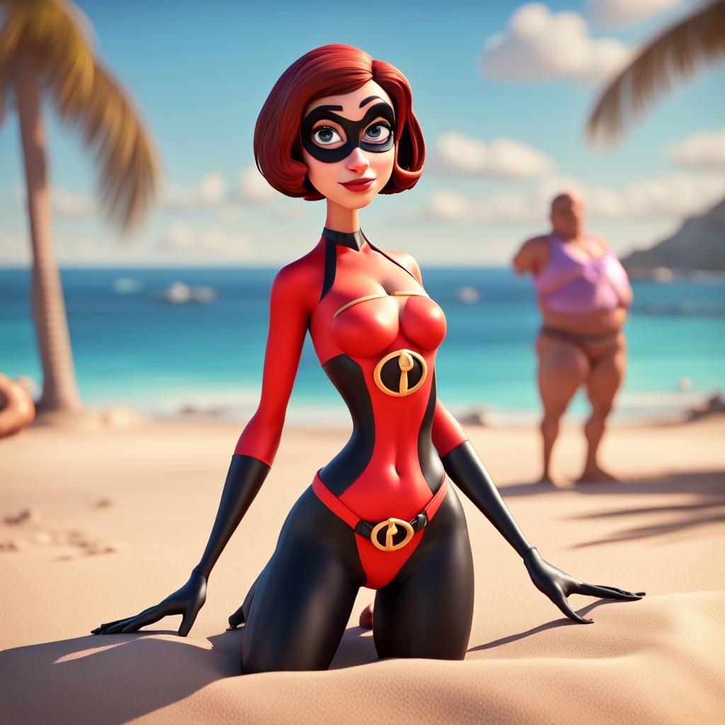 Elastigirl in Bikini on Beach: 3D Digital Art