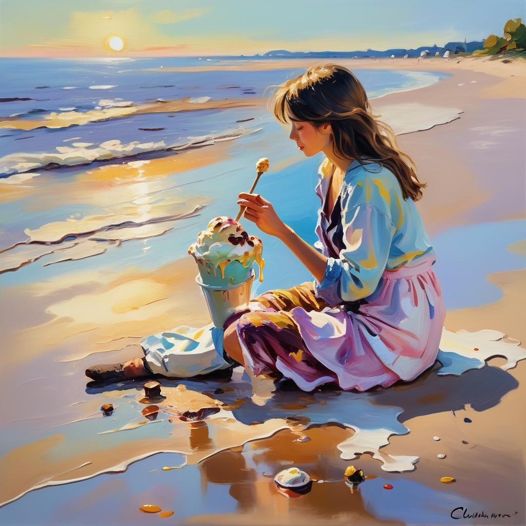 Beach Ice Cream in Impressionist Style