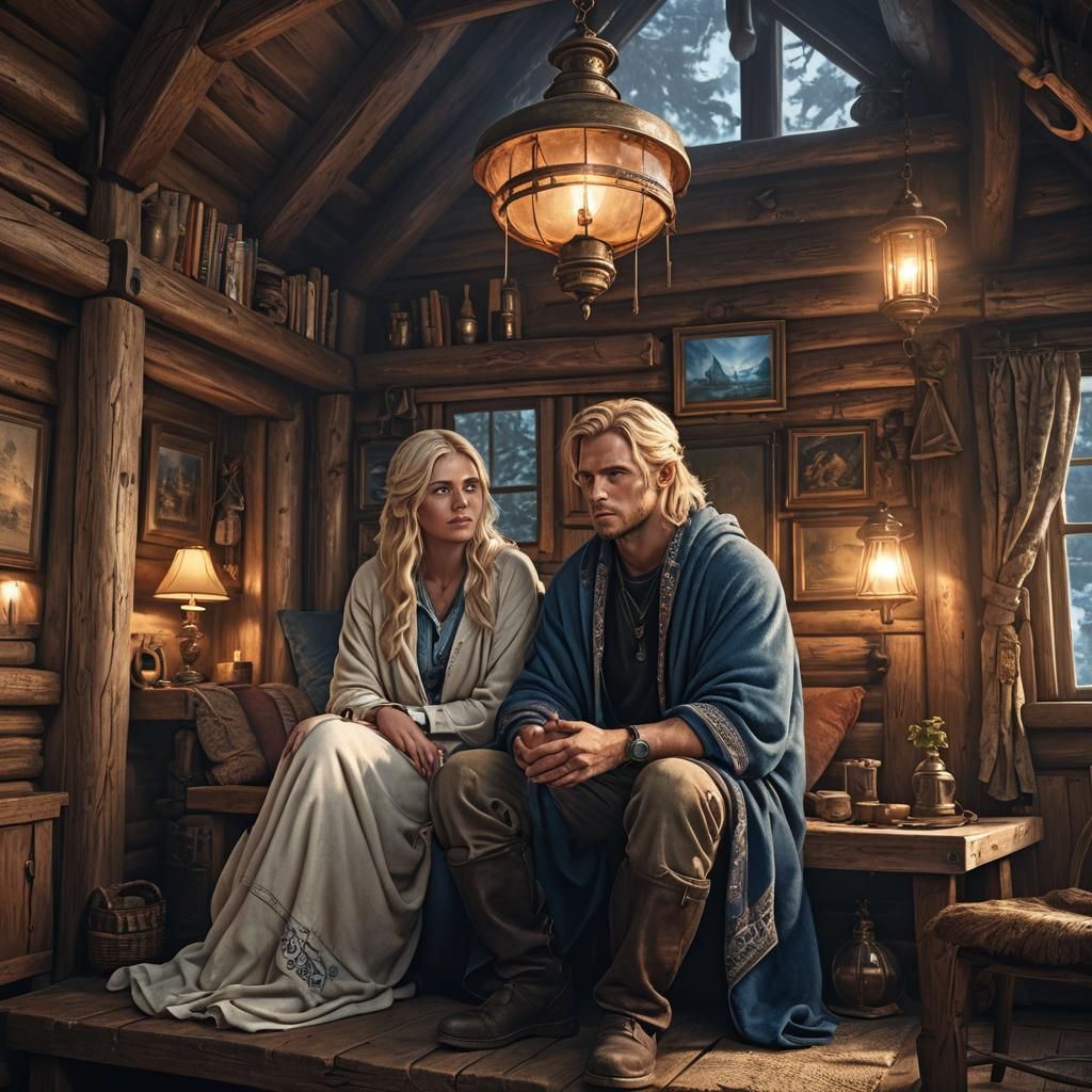 Couple in Cozy Cabin: Detailed Matte Painting