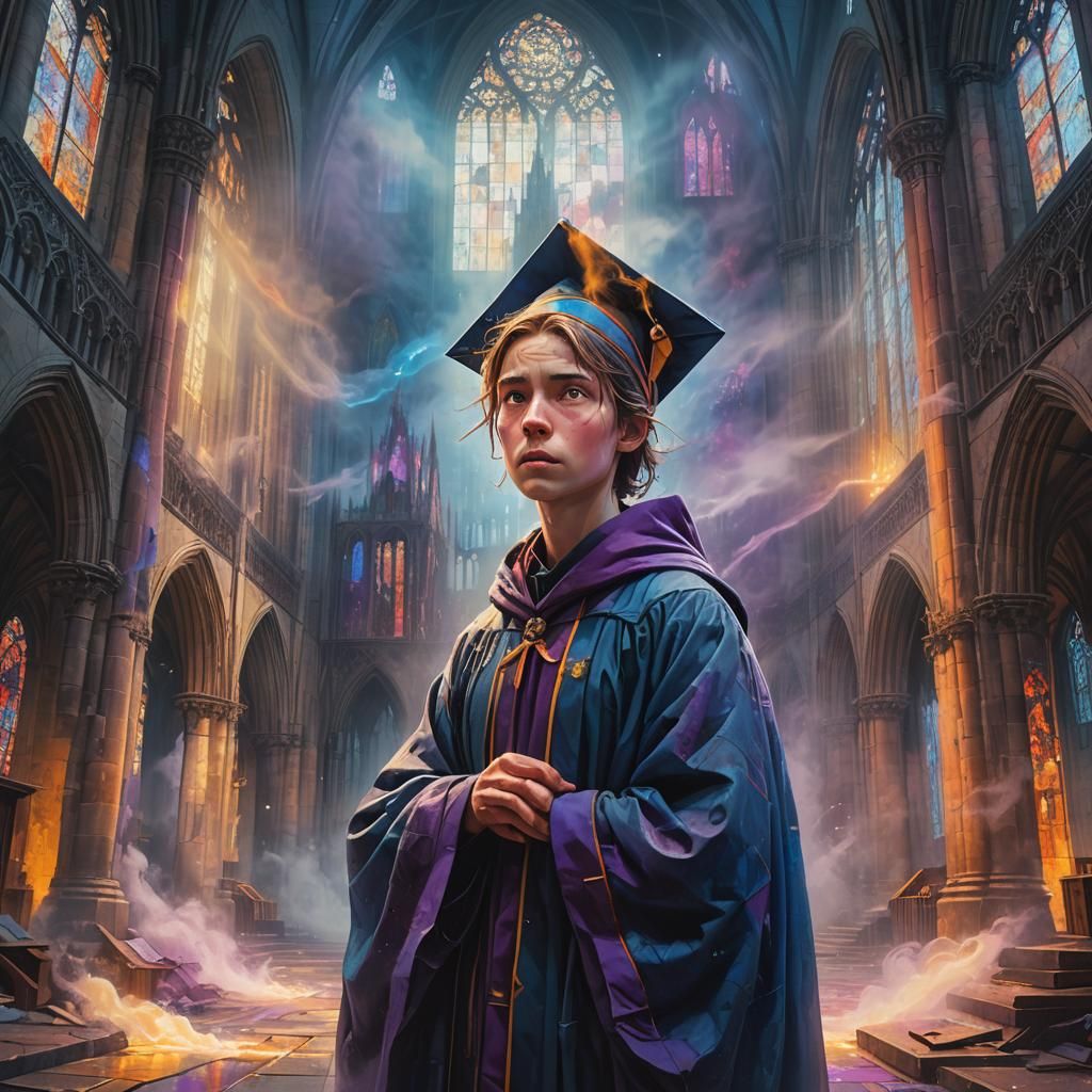 Shocked Graduate in Ruined Cathedral: Digital Art