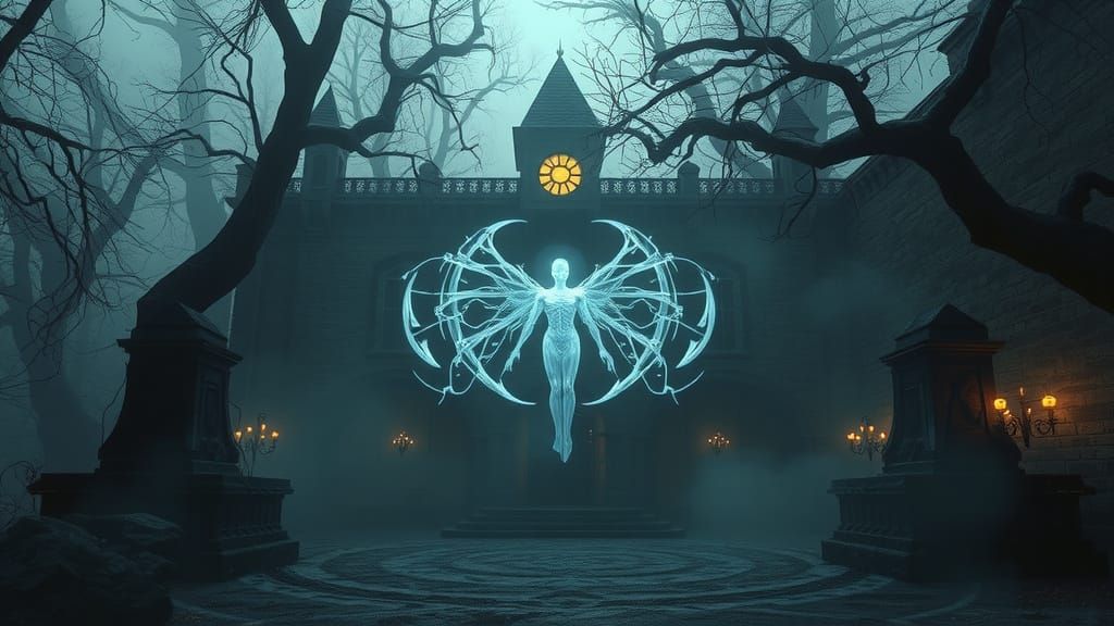 Ethereal Realm of Ghostly Entities in Dark Fantasy Landscape...