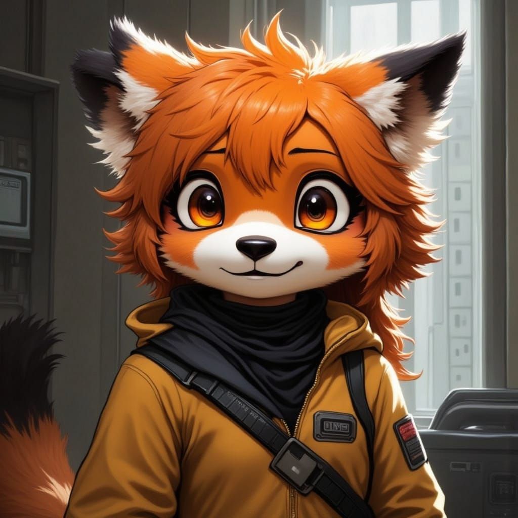 Cyberpunk-Style Red Panda Fox Humanoid with Wild Unkempt Fur