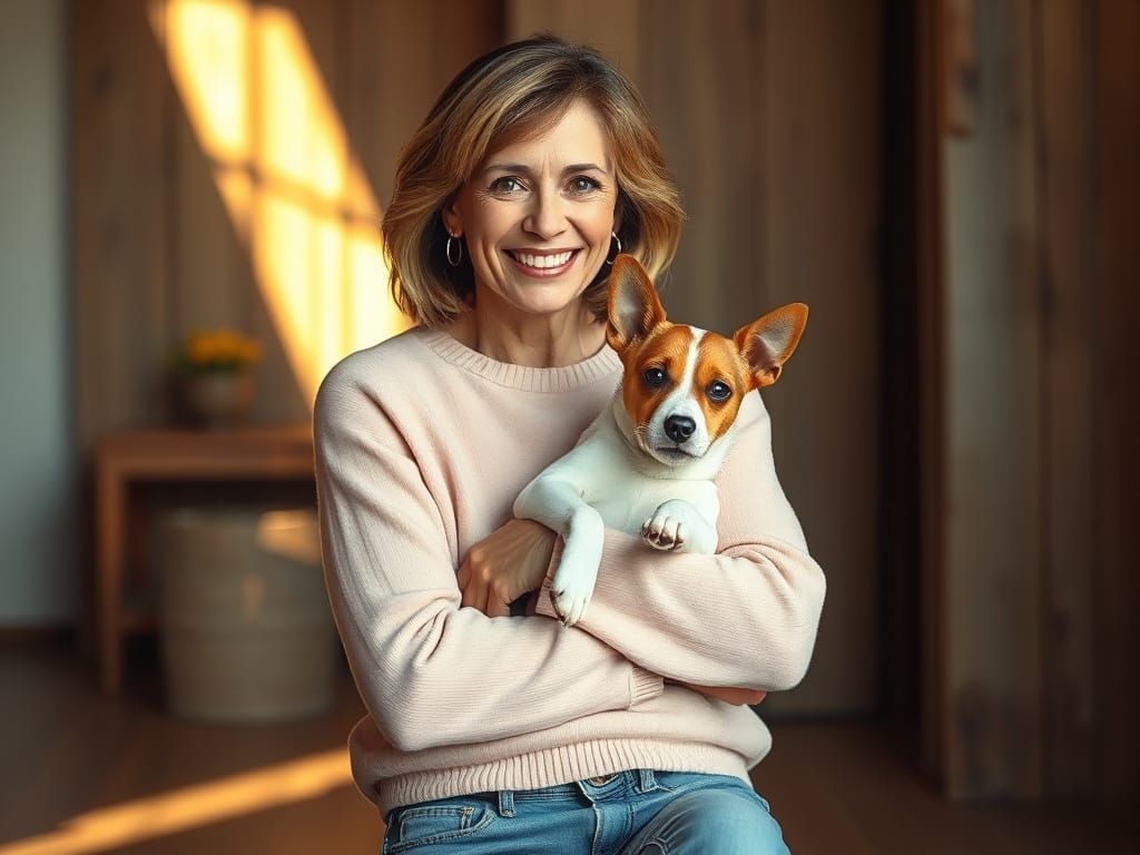 Whimsical Woman and Jack Russell Terrier Puppy in Soft Paste...