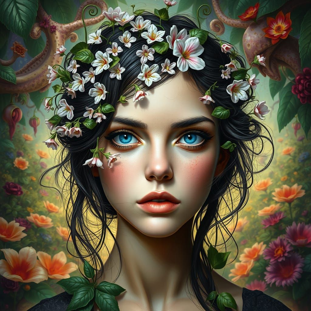 Surreal Portrait in Hyperrealistic Style with Blooming Flowe...