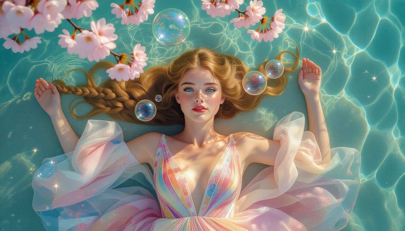 Woman in Sea of Bubbles, Art Nouveau Style