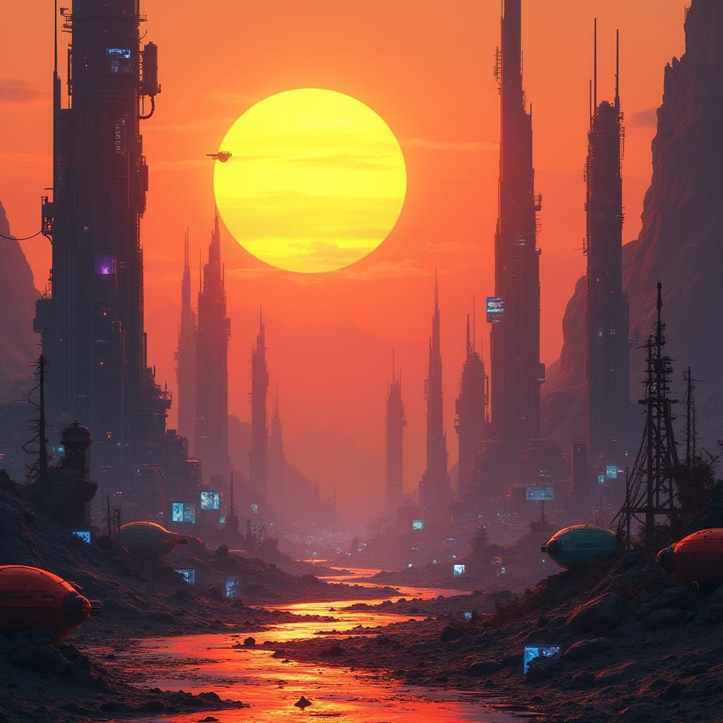 Surreal Futuristic Cityscape Under a Blazing Orange Sun