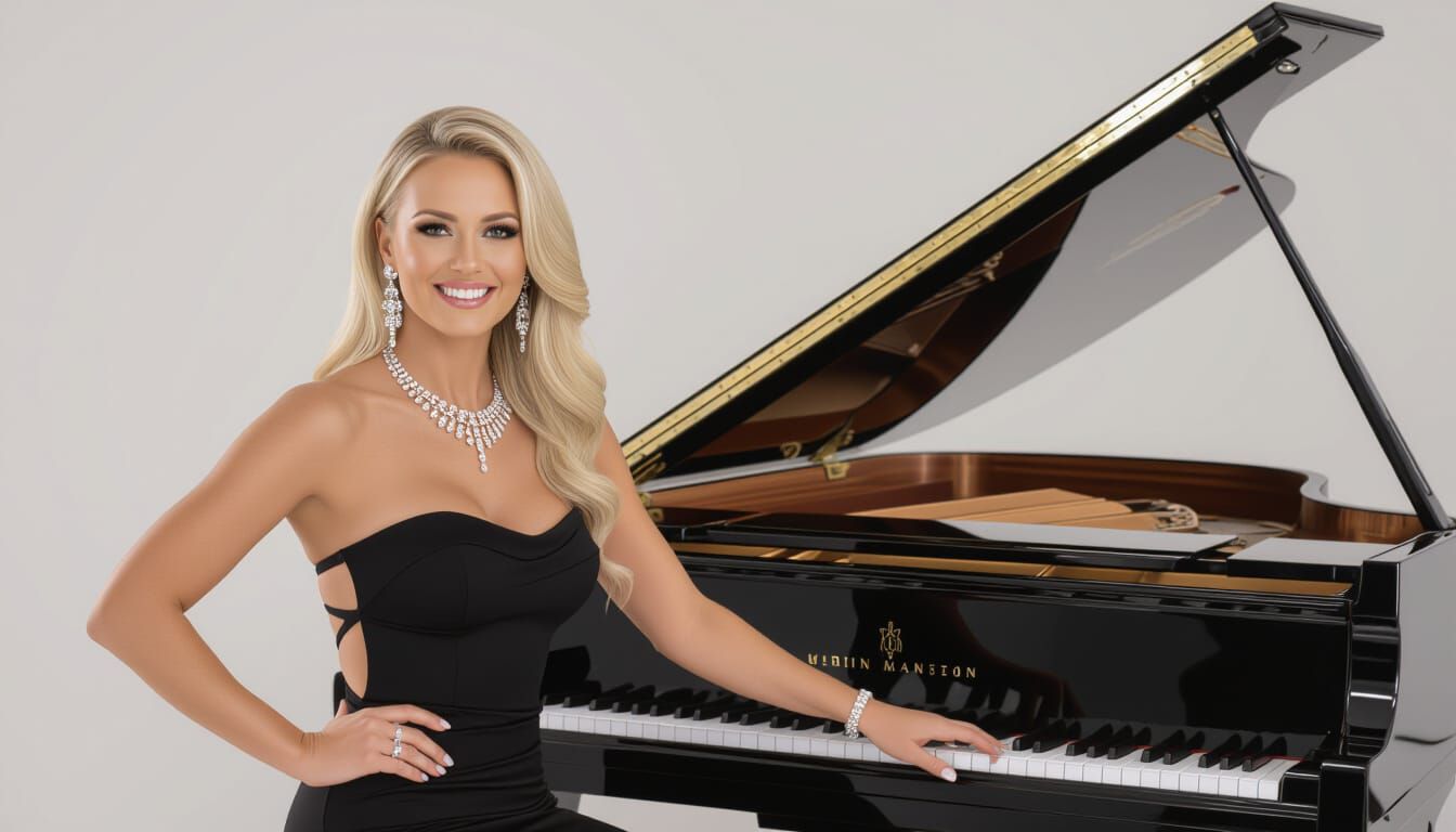 Blond Pianist in Black Gown by Concert Grand Piano
