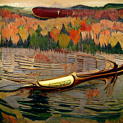 Canoe on Autumn Lake in Landscape Painting Style