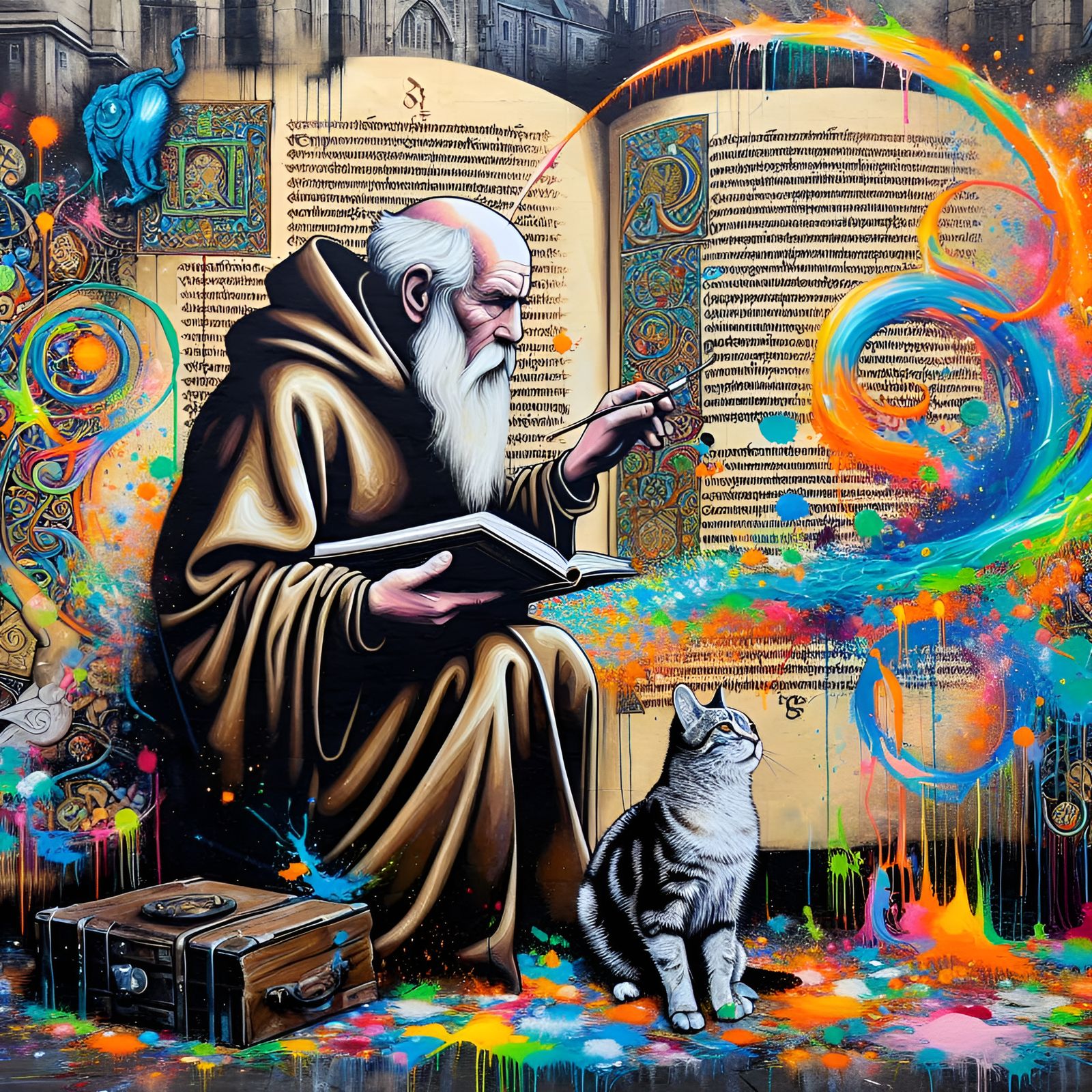 Medieval Monk Illuminating Book of Kells in Graffiti Art