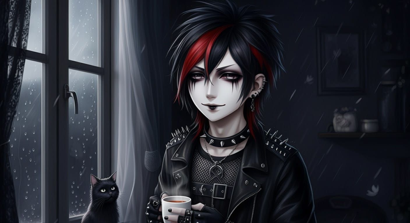 Cute Goth Boy with Cat, Anime Style