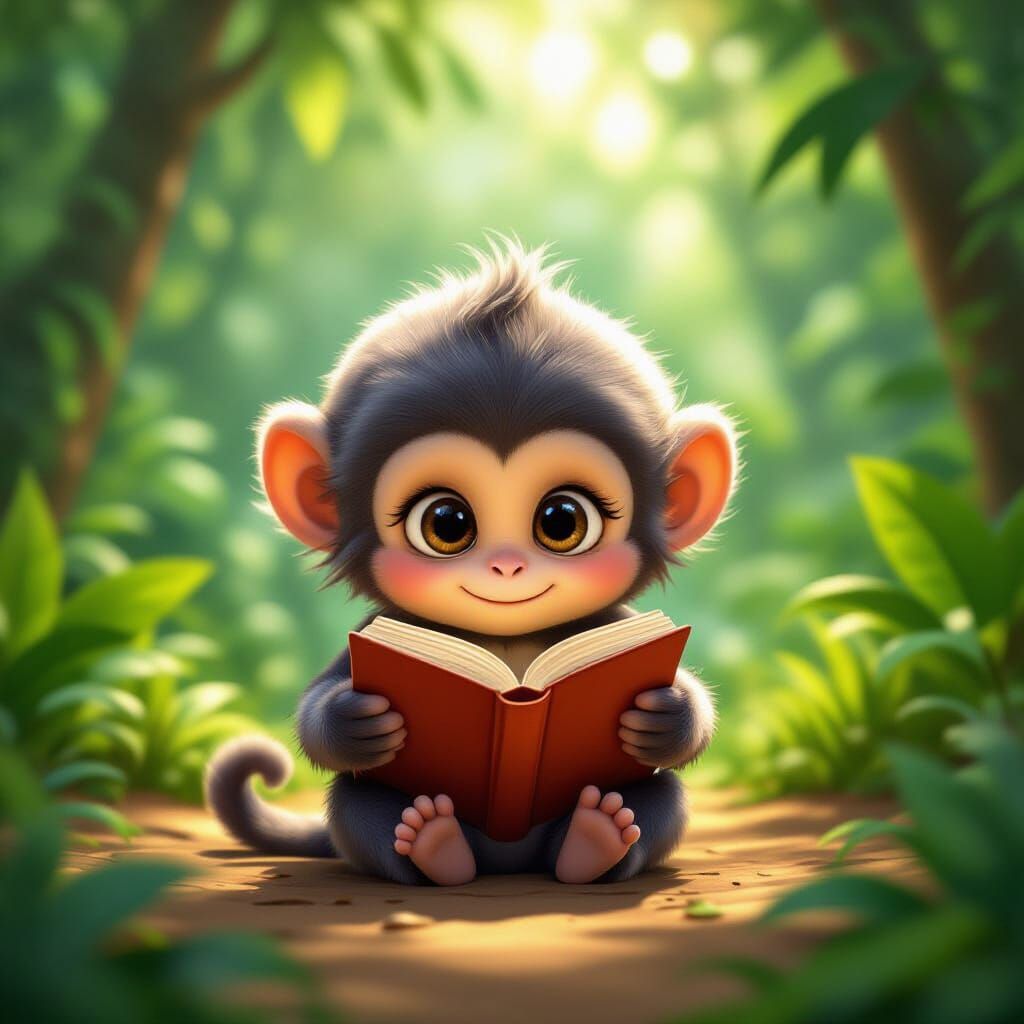 Cute Monkey Reading Upside Down in Jungle CGI Style