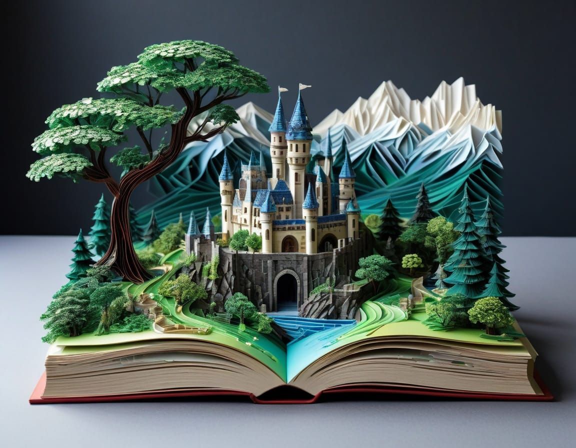 Pixelated Quilling Castle Emerges from Open Book