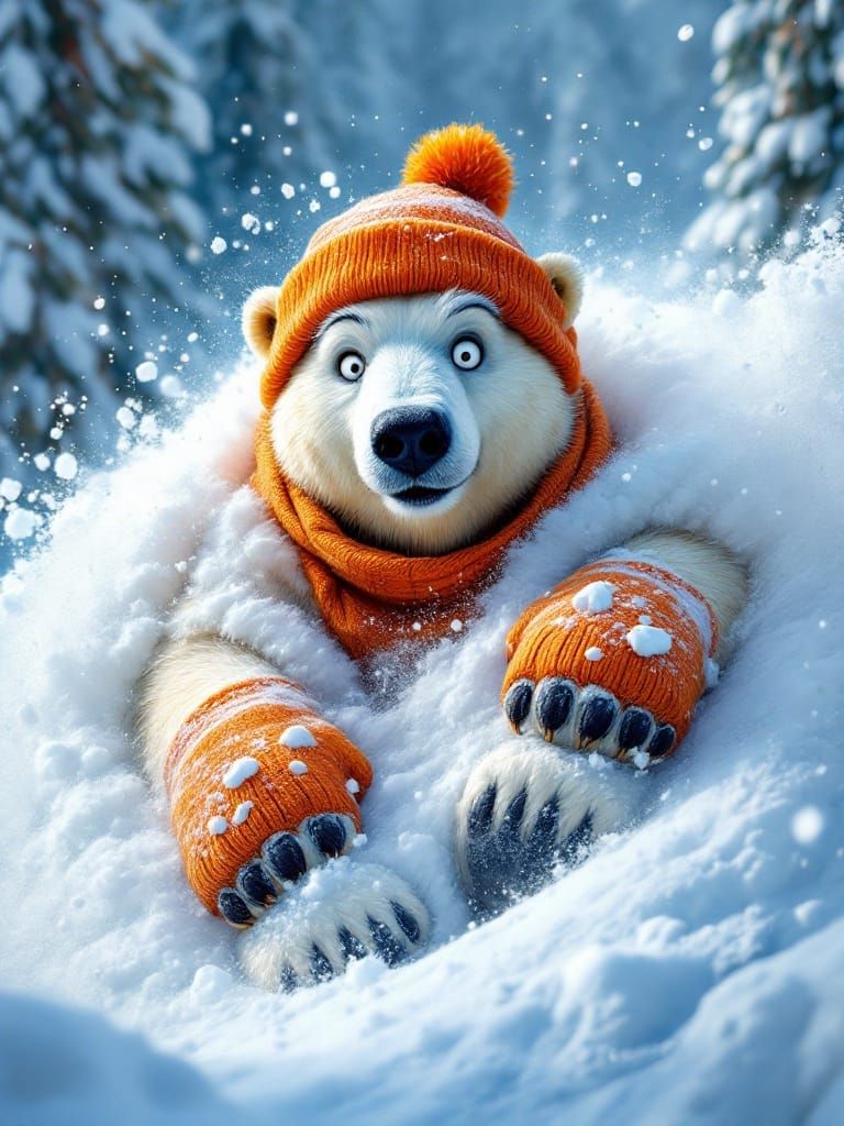 Surreal Polar Bear Tumbles Down Snowy Mountain in Vibrant Wi...