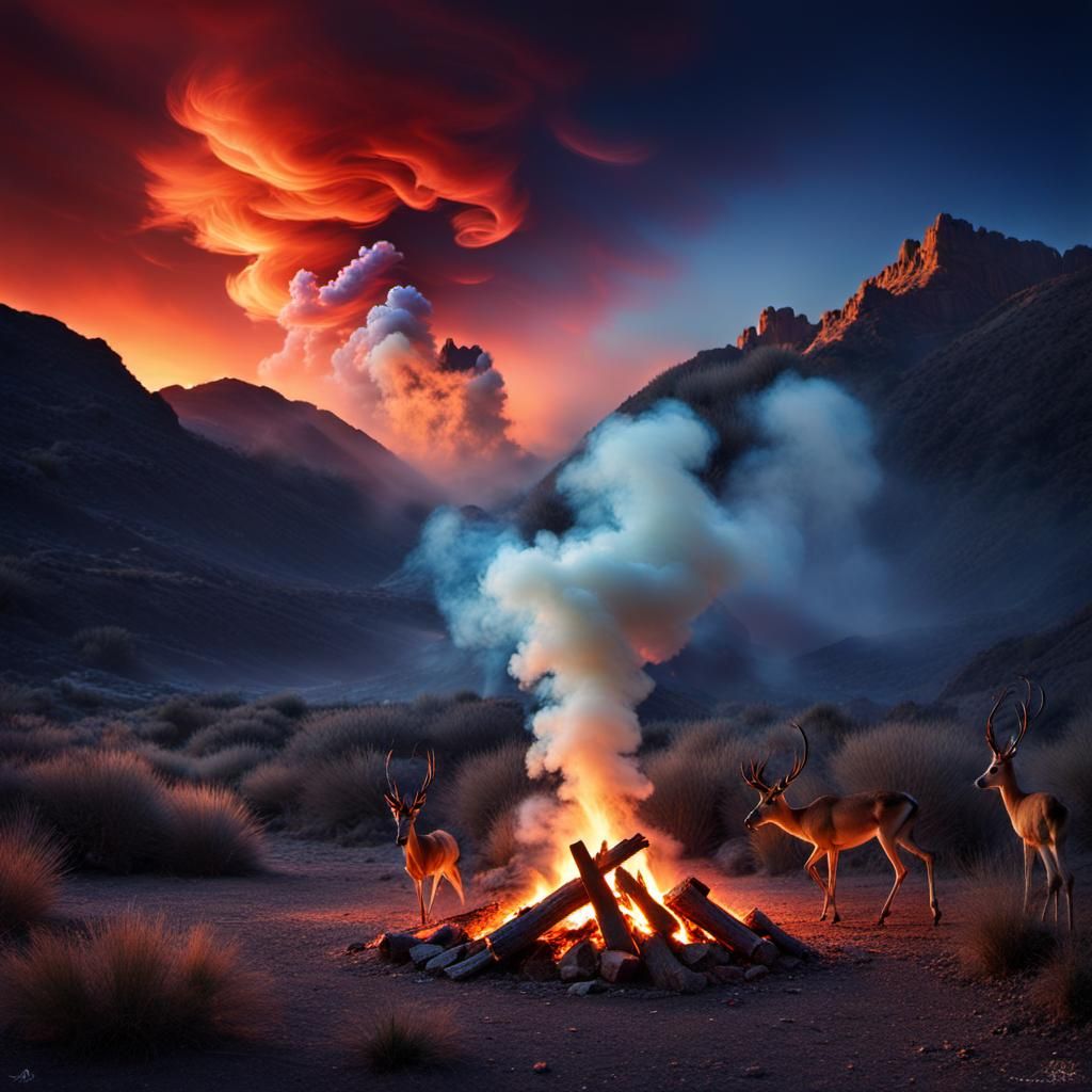 Smoke Gazelles over Campfire at Dusk