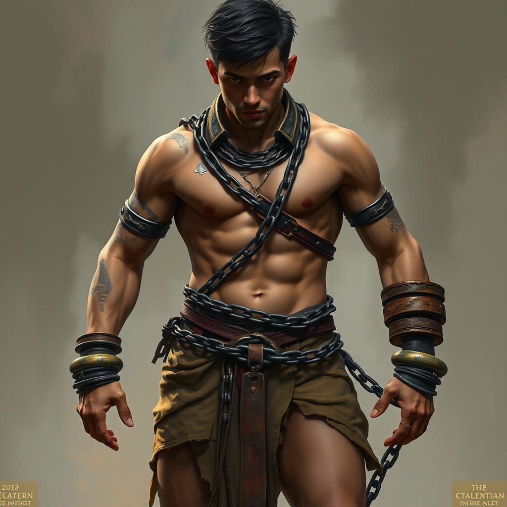 Bound Young Warrior in Earth-Toned Loincloth and Heavy Chain...
