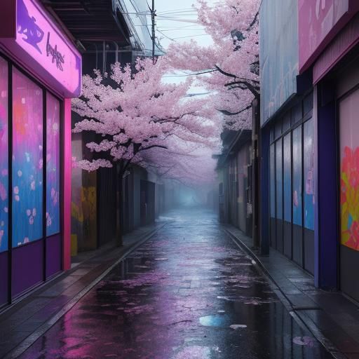 Crystal Sakura in Neon Alleyway: Vibrant Street Art