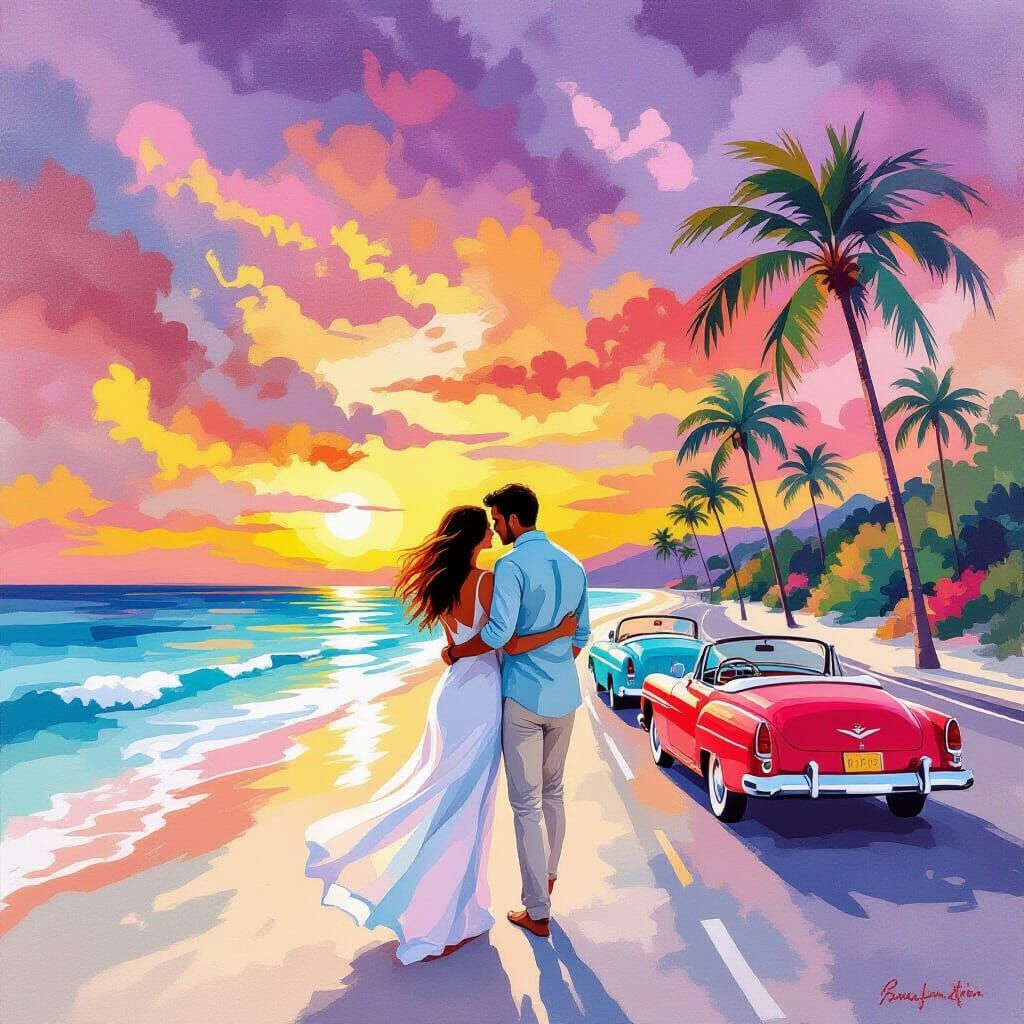 Couple Embracing on Caribbean Beach in Watercolor Style