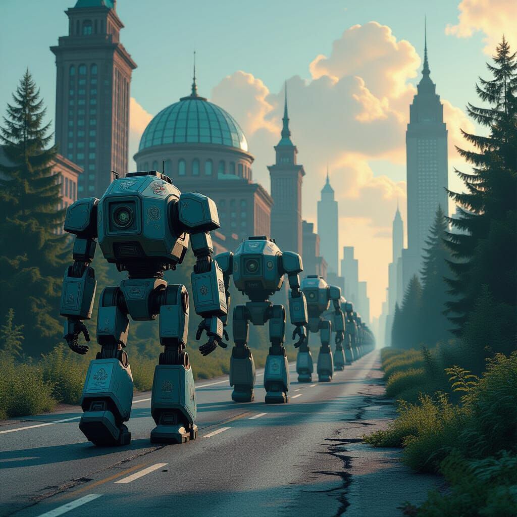 Dystopian Robot Mechs in Nostalgic Futurism Style