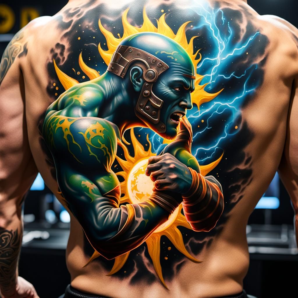 3D tattoo on wrestlers back of magna yellow happy sun rippin...